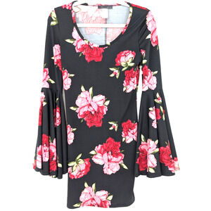 VTG Y2K Asian Rose Print Flared Bell Sleeve Black Boho Whimsigoth Mini Dress MED